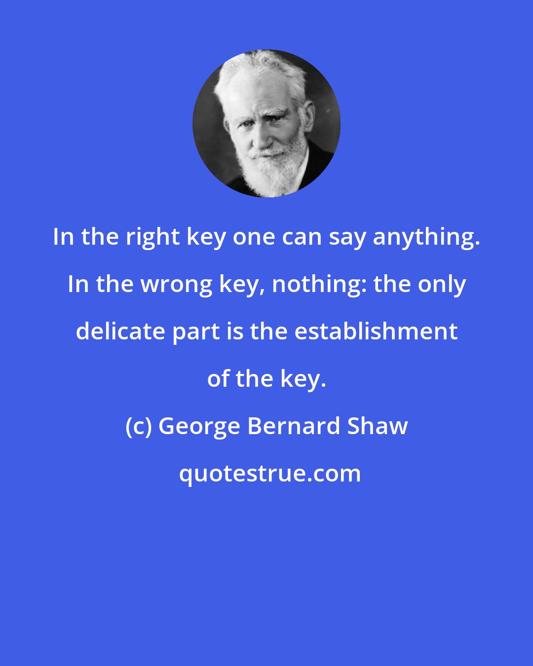 George Bernard Shaw: In the right key one can say anything. In the wrong key, nothing: the only delicate part is the establishment of the key.