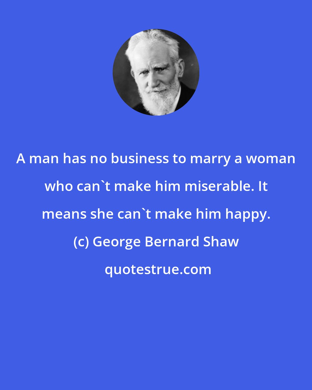 George Bernard Shaw: A man has no business to marry a woman who can't make him miserable. It means she can't make him happy.