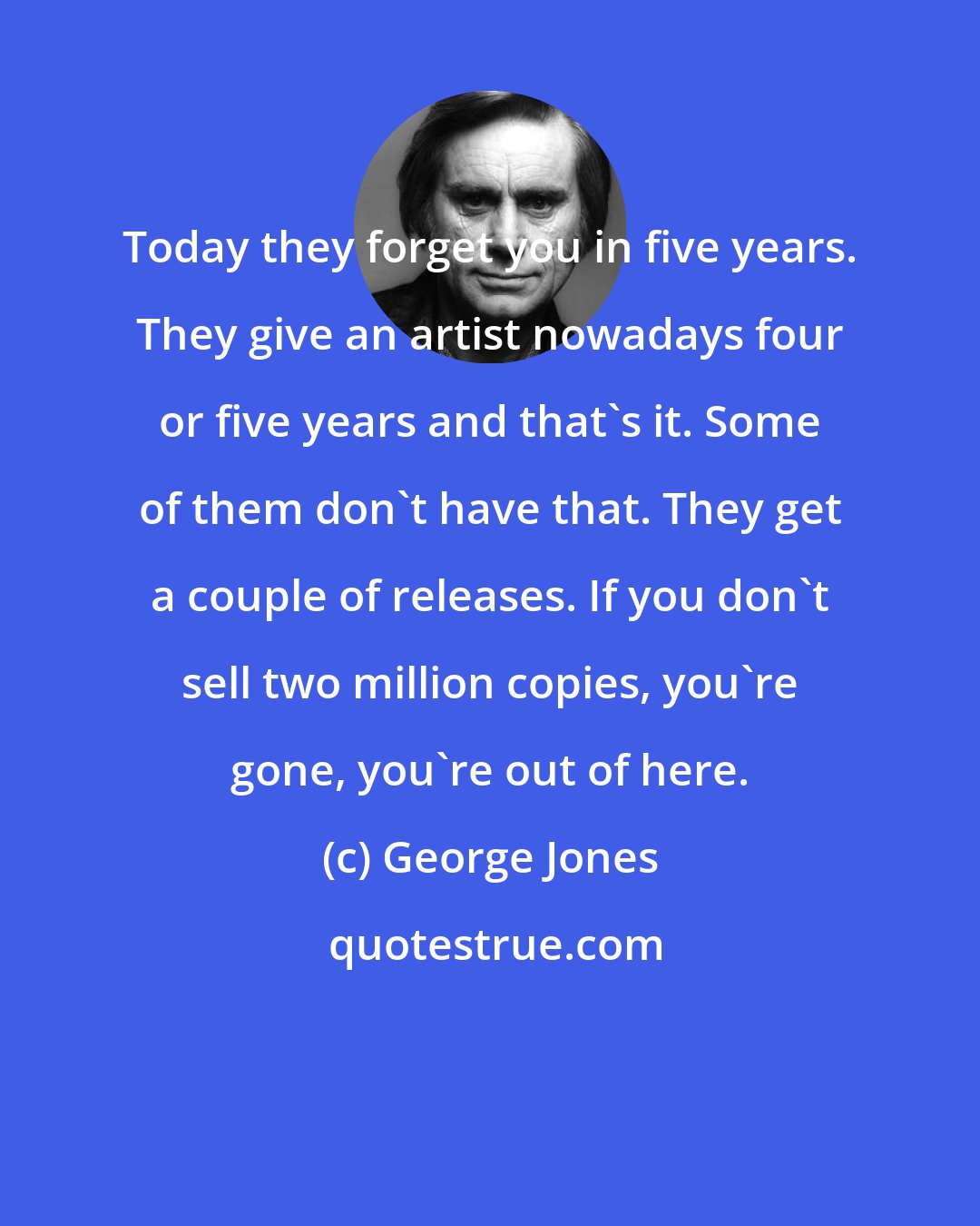 George Jones: Today they forget you in five years. They give an artist nowadays four or five years and that's it. Some of them don't have that. They get a couple of releases. If you don't sell two million copies, you're gone, you're out of here.