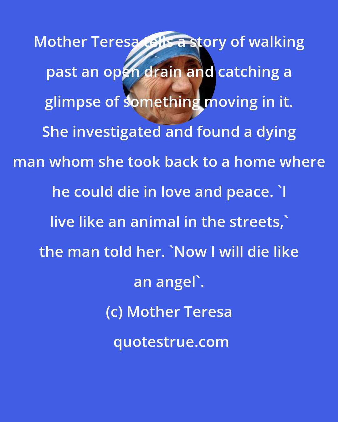 Mother Teresa: Mother Teresa tells a story of walking past an open drain and catching a glimpse of something moving in it. She investigated and found a dying man whom she took back to a home where he could die in love and peace. 'I live like an animal in the streets,' the man told her. 'Now I will die like an angel'.