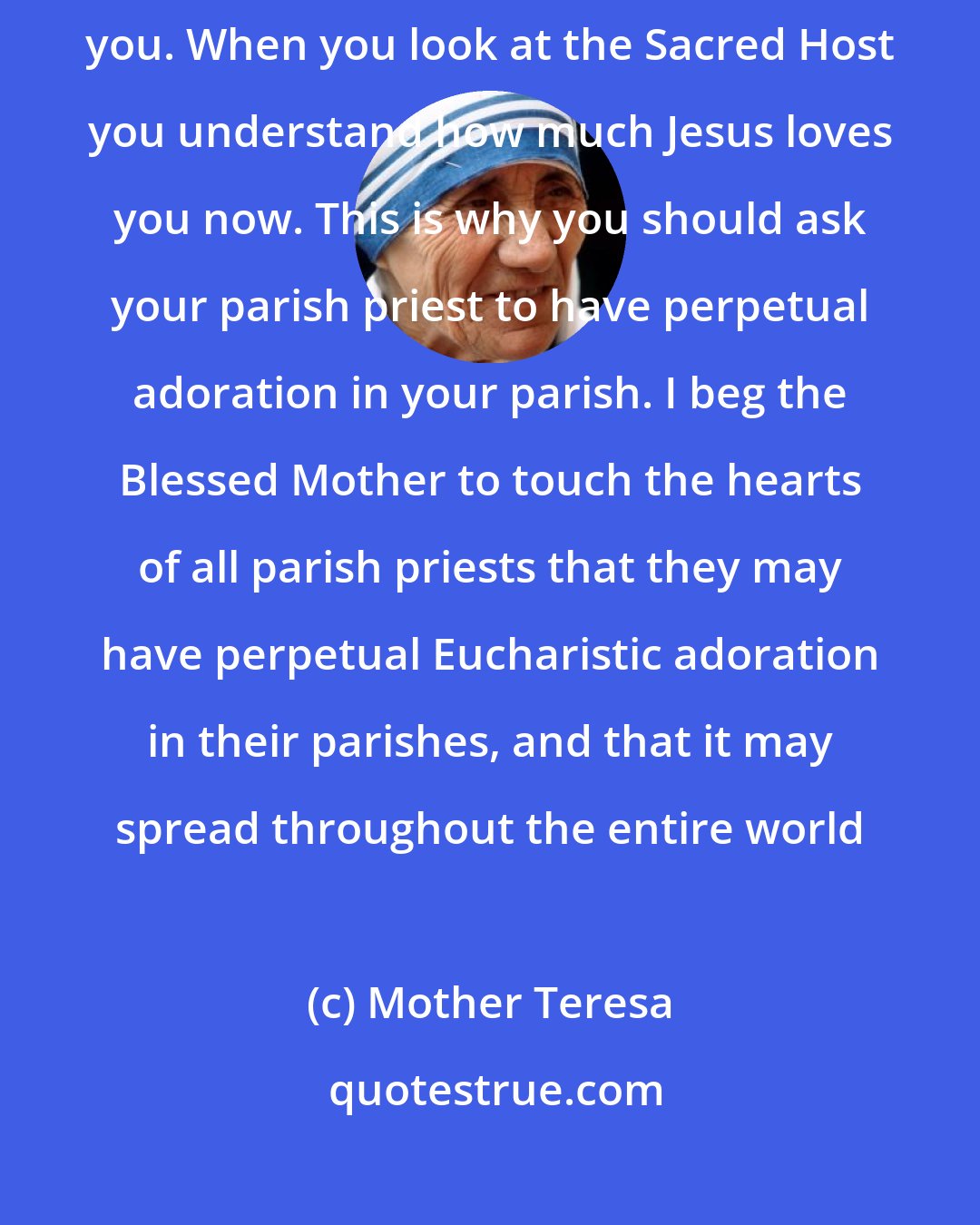 Mother Teresa: When you look at the crucifix, you understand how much Jesus loved you. When you look at the Sacred Host you understand how much Jesus loves you now. This is why you should ask your parish priest to have perpetual adoration in your parish. I beg the Blessed Mother to touch the hearts of all parish priests that they may have perpetual Eucharistic adoration in their parishes, and that it may spread throughout the entire world