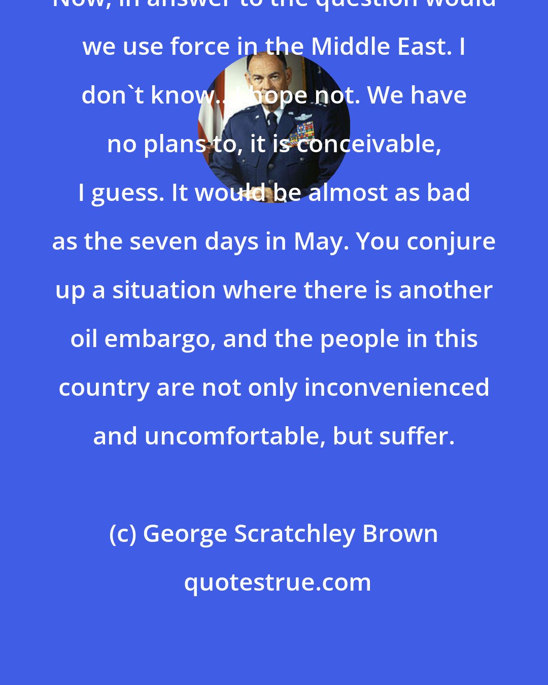 George Scratchley Brown: Now, in answer to the question would we use force in the Middle East. I don't know...I hope not. We have no plans to, it is conceivable, I guess. It would be almost as bad as the seven days in May. You conjure up a situation where there is another oil embargo, and the people in this country are not only inconvenienced and uncomfortable, but suffer.