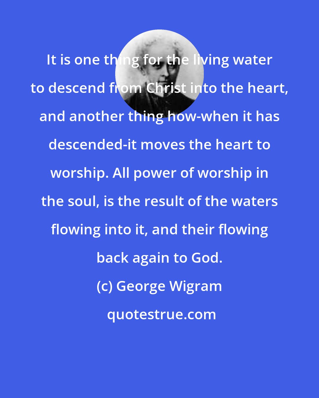 George Wigram: It is one thing for the living water to descend from Christ into the heart, and another thing how-when it has descended-it moves the heart to worship. All power of worship in the soul, is the result of the waters flowing into it, and their flowing back again to God.