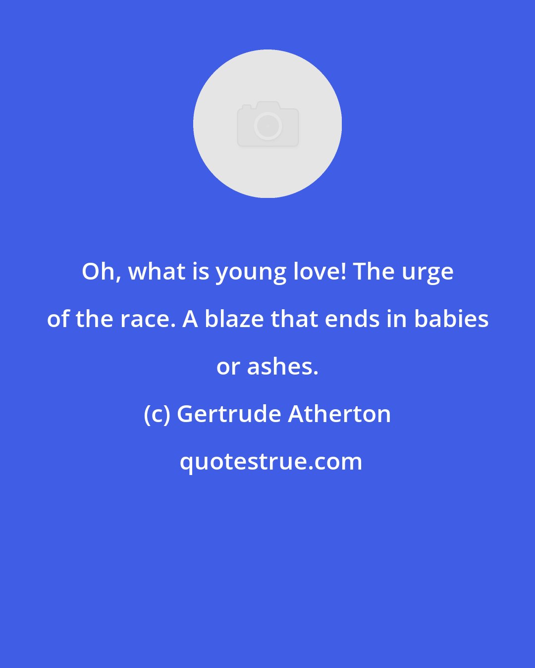 Gertrude Atherton: Oh, what is young love! The urge of the race. A blaze that ends in babies or ashes.