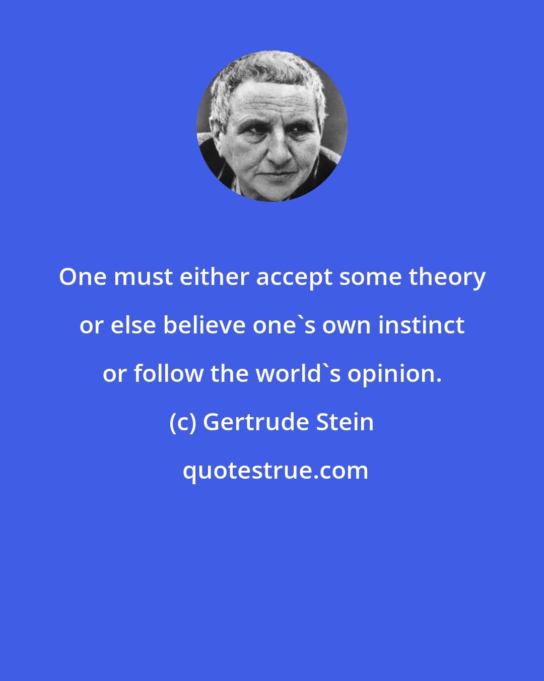 Gertrude Stein: One must either accept some theory or else believe one's own instinct or follow the world's opinion.