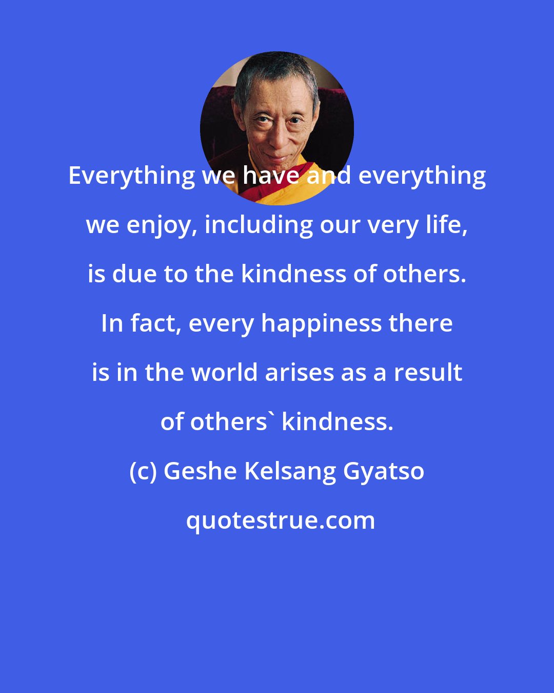 Geshe Kelsang Gyatso: Everything we have and everything we enjoy, including our very life, is due to the kindness of others. In fact, every happiness there is in the world arises as a result of others' kindness.