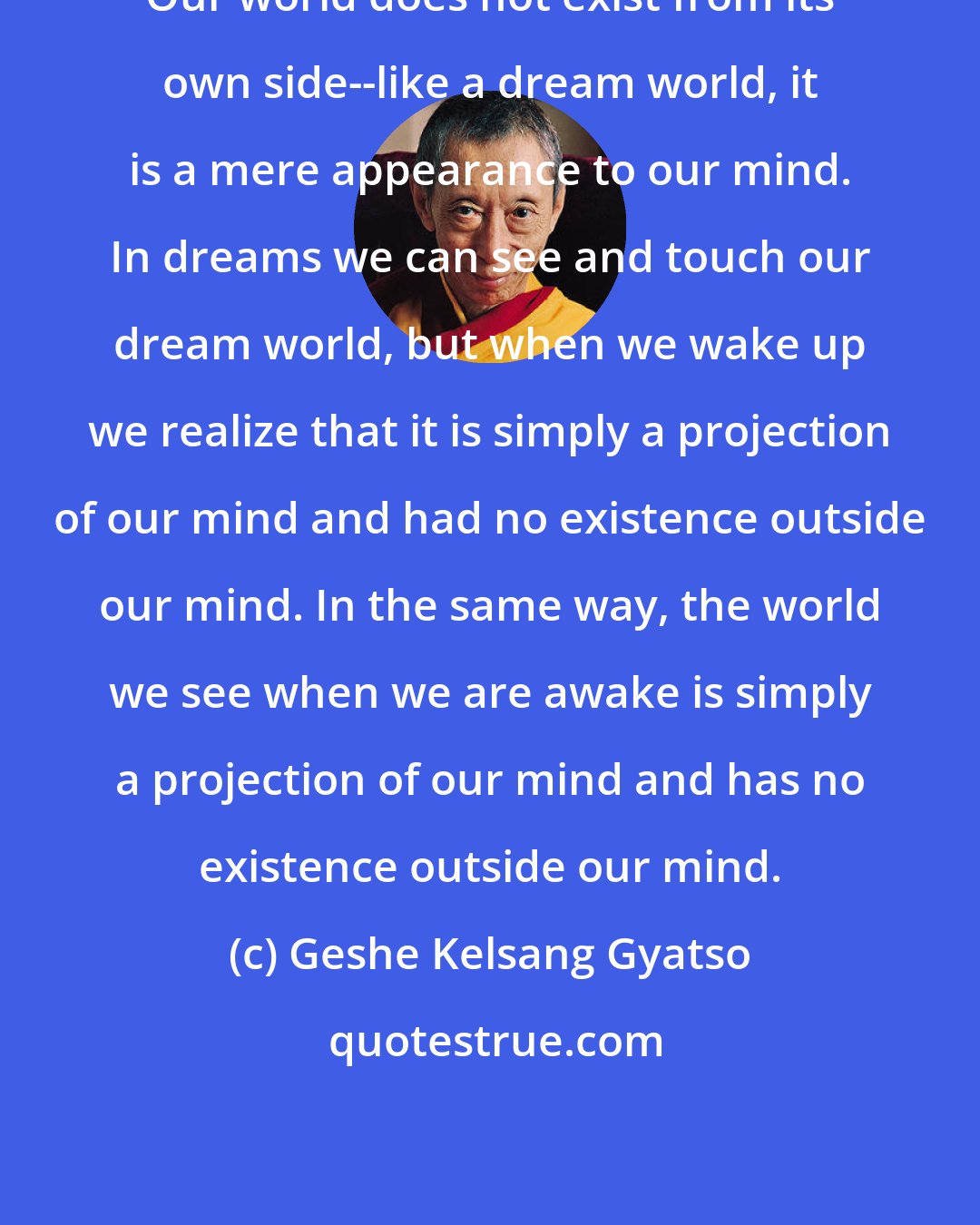 Geshe Kelsang Gyatso: Our world does not exist from its own side--like a dream world, it is a mere appearance to our mind. In dreams we can see and touch our dream world, but when we wake up we realize that it is simply a projection of our mind and had no existence outside our mind. In the same way, the world we see when we are awake is simply a projection of our mind and has no existence outside our mind.