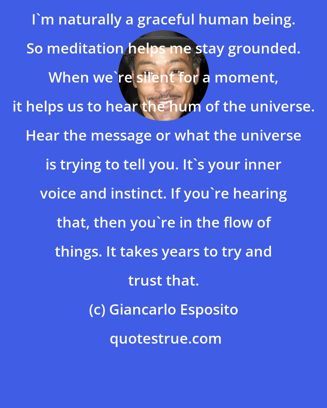 Giancarlo Esposito: I'm naturally a graceful human being. So meditation helps me stay grounded. When we're silent for a moment, it helps us to hear the hum of the universe. Hear the message or what the universe is trying to tell you. It's your inner voice and instinct. If you're hearing that, then you're in the flow of things. It takes years to try and trust that.