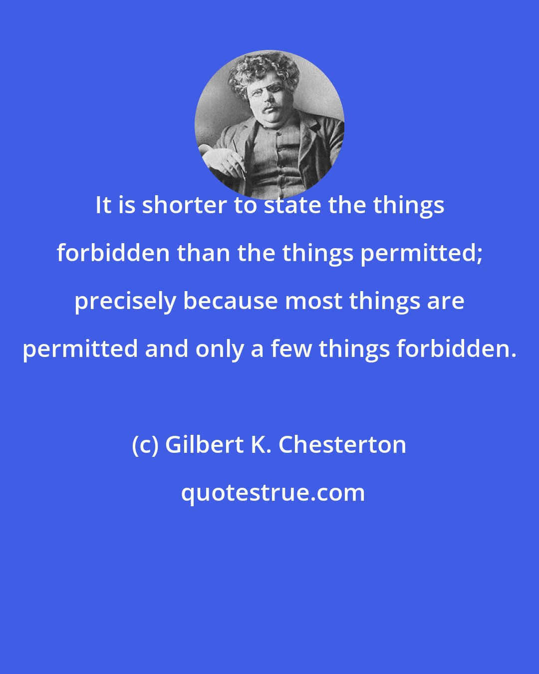 Gilbert K. Chesterton: It is shorter to state the things forbidden than the things permitted; precisely because most things are permitted and only a few things forbidden.