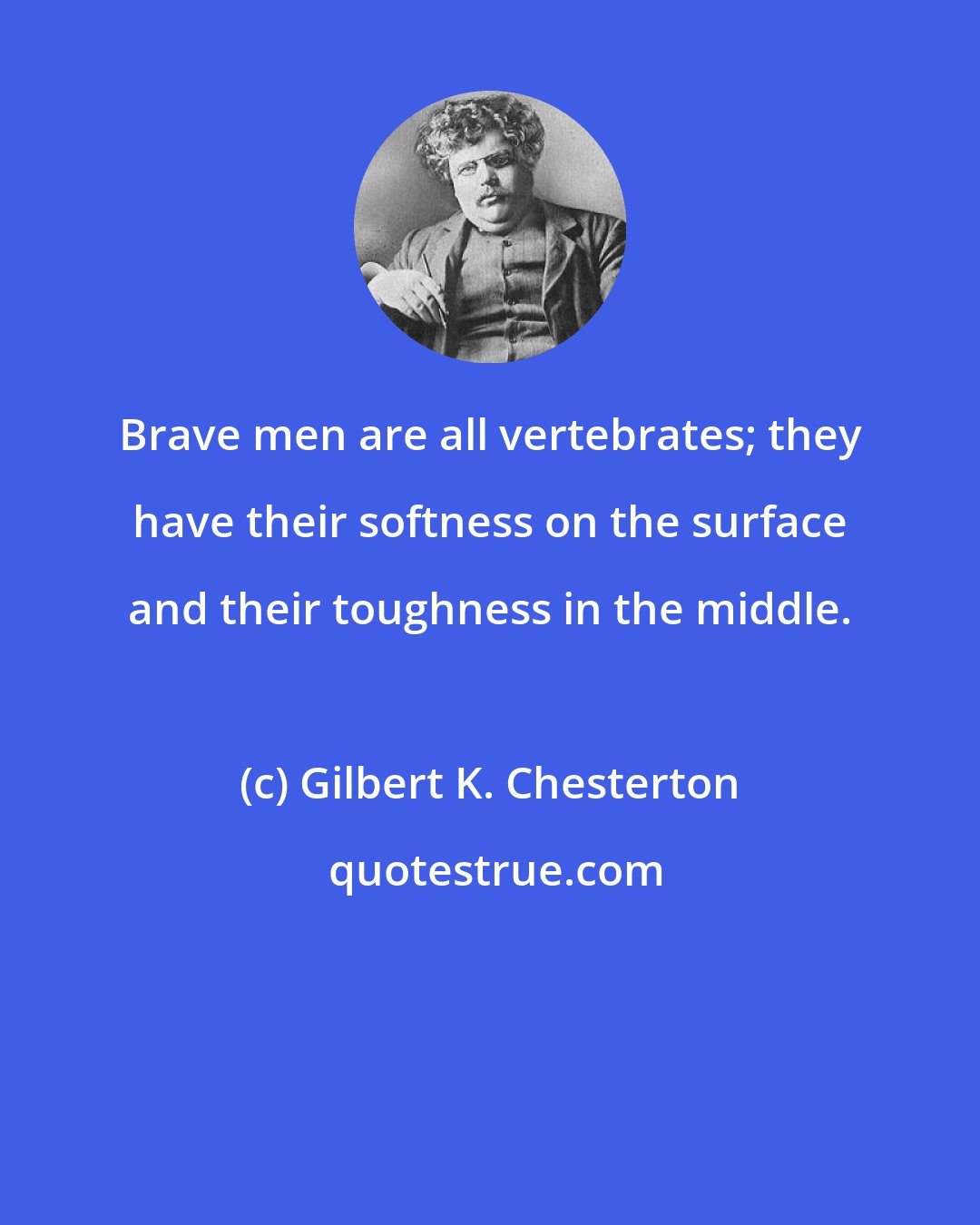 Gilbert K. Chesterton: Brave men are all vertebrates; they have their softness on the surface and their toughness in the middle.