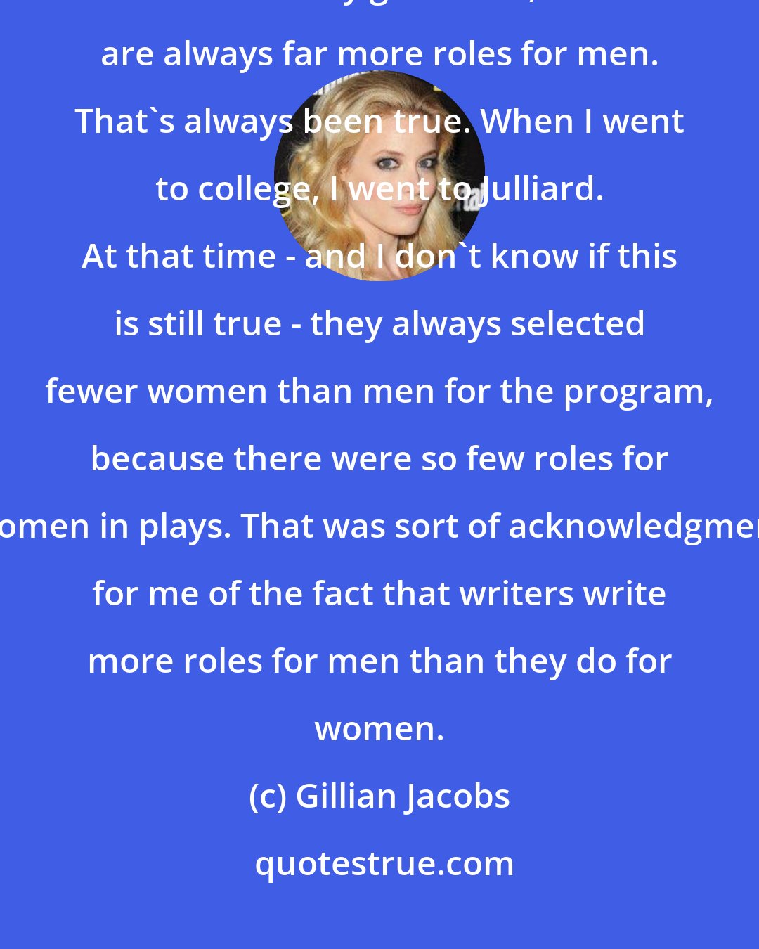 Gillian Jacobs: If you just look at the number of roles for women versus the number of roles for men in any given film, there are always far more roles for men. That's always been true. When I went to college, I went to Julliard. At that time - and I don't know if this is still true - they always selected fewer women than men for the program, because there were so few roles for women in plays. That was sort of acknowledgment for me of the fact that writers write more roles for men than they do for women.