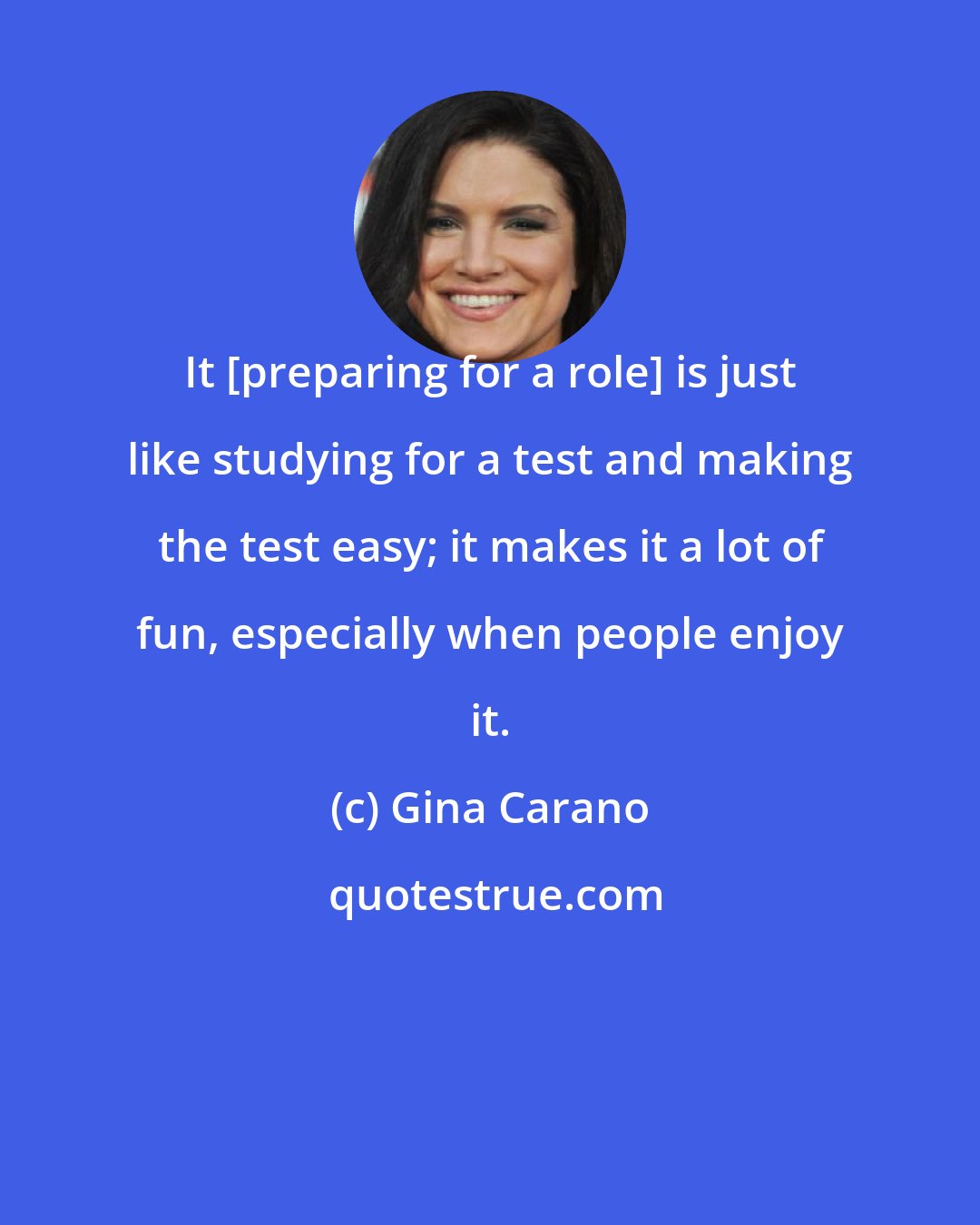 Gina Carano: It [preparing for a role] is just like studying for a test and making the test easy; it makes it a lot of fun, especially when people enjoy it.