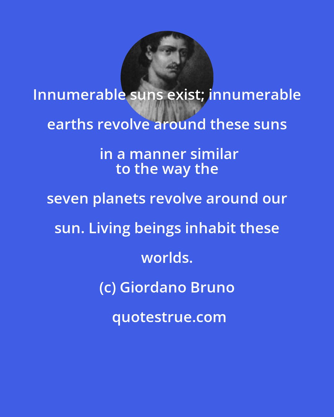 Giordano Bruno: Innumerable suns exist; innumerable earths revolve around these suns in a manner similar
 to the way the seven planets revolve around our sun. Living beings inhabit these worlds.