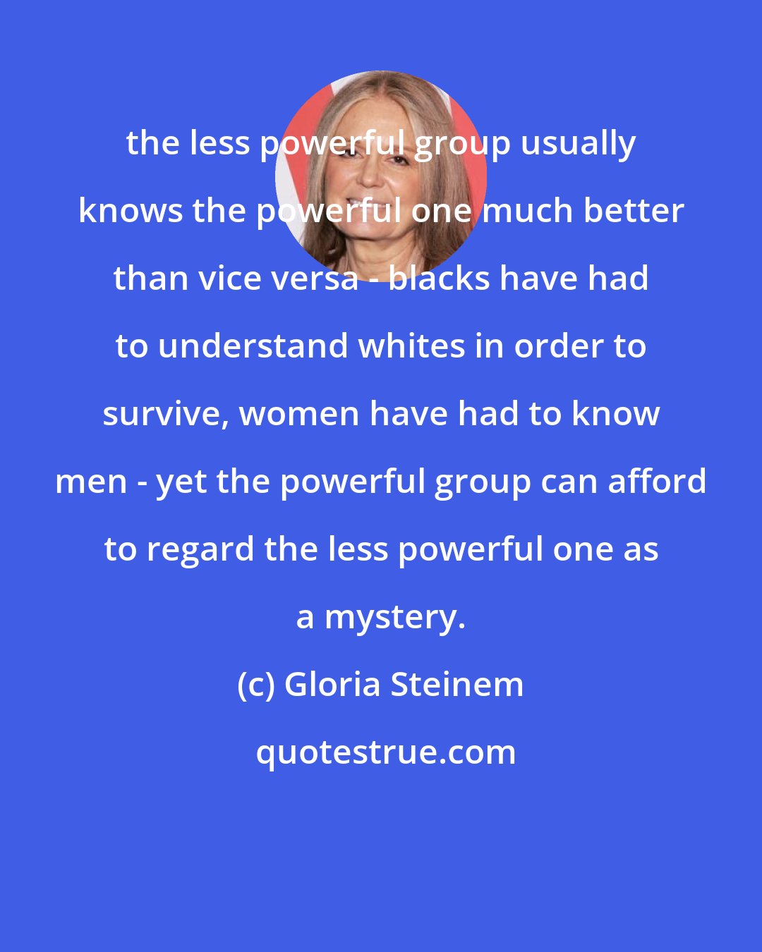 Gloria Steinem: the less powerful group usually knows the powerful one much better than vice versa - blacks have had to understand whites in order to survive, women have had to know men - yet the powerful group can afford to regard the less powerful one as a mystery.