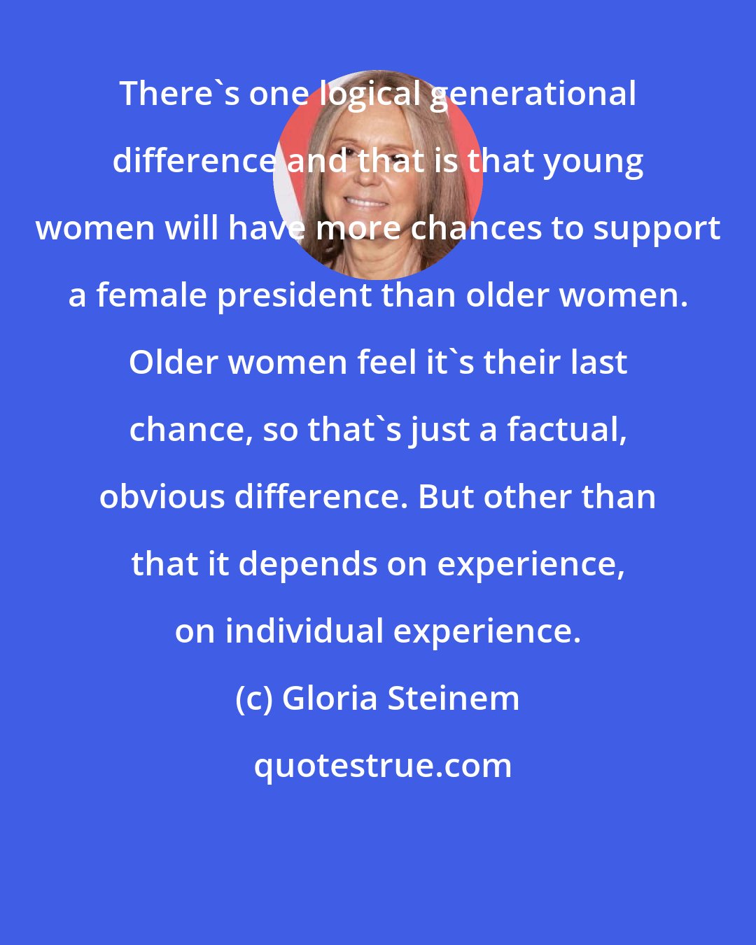 Gloria Steinem: There's one logical generational difference and that is that young women will have more chances to support a female president than older women. Older women feel it's their last chance, so that's just a factual, obvious difference. But other than that it depends on experience, on individual experience.