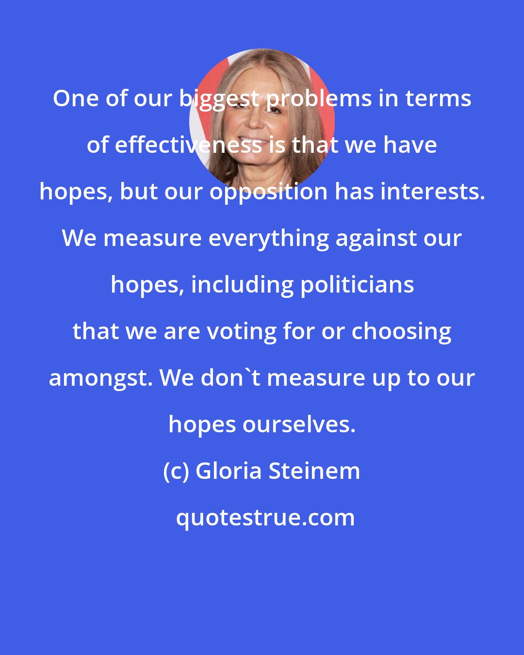 Gloria Steinem: One of our biggest problems in terms of effectiveness is that we have hopes, but our opposition has interests. We measure everything against our hopes, including politicians that we are voting for or choosing amongst. We don't measure up to our hopes ourselves.