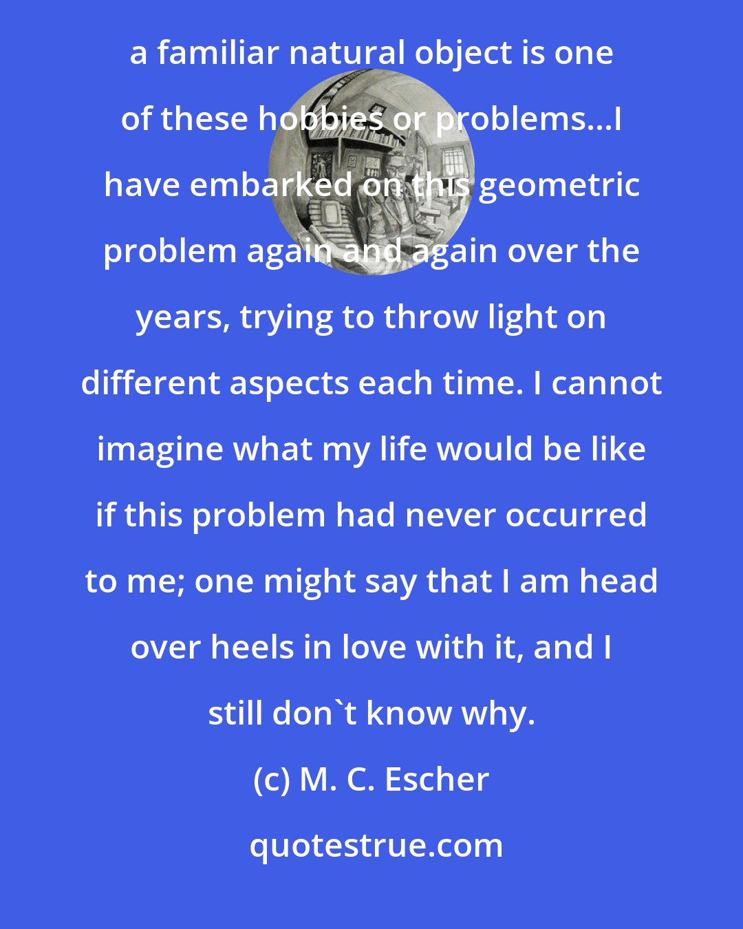 M. C. Escher: The regular division of the plane into congruent figures evoking an association in the observer with a familiar natural object is one of these hobbies or problems...I have embarked on this geometric problem again and again over the years, trying to throw light on different aspects each time. I cannot imagine what my life would be like if this problem had never occurred to me; one might say that I am head over heels in love with it, and I still don't know why.