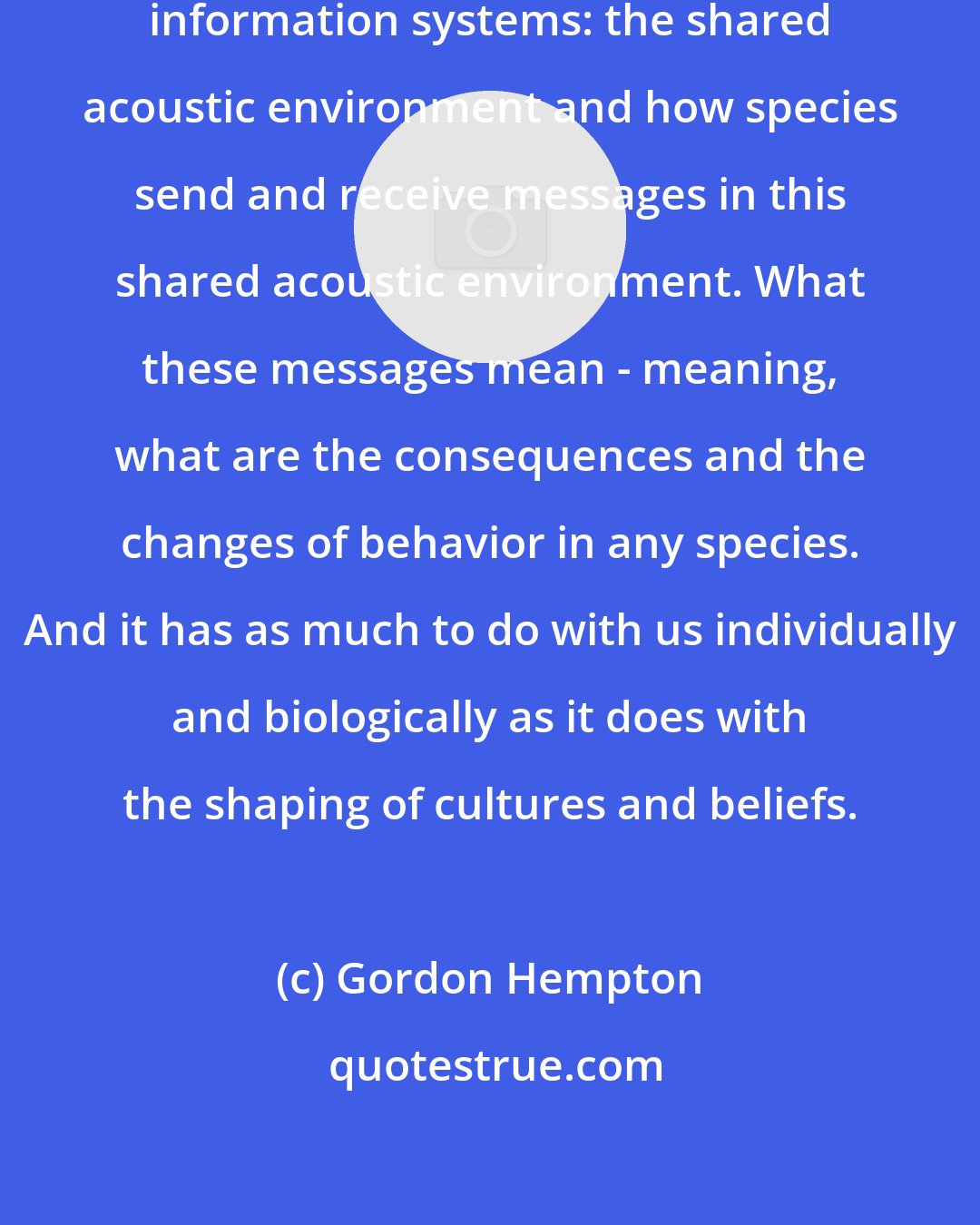 Gordon Hempton: Acoustic ecology is the study of information systems: the shared acoustic environment and how species send and receive messages in this shared acoustic environment. What these messages mean - meaning, what are the consequences and the changes of behavior in any species. And it has as much to do with us individually and biologically as it does with the shaping of cultures and beliefs.