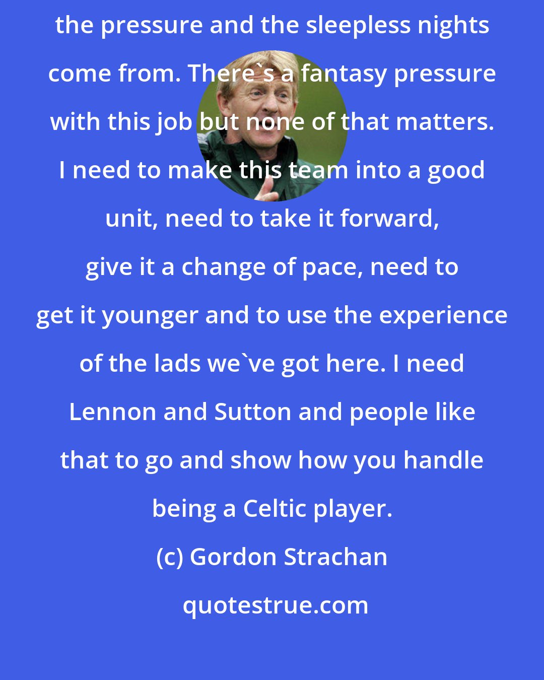Gordon Strachan: The reality, ... is that I need to win games of football. That's where the pressure and the sleepless nights come from. There's a fantasy pressure with this job but none of that matters. I need to make this team into a good unit, need to take it forward, give it a change of pace, need to get it younger and to use the experience of the lads we've got here. I need Lennon and Sutton and people like that to go and show how you handle being a Celtic player.