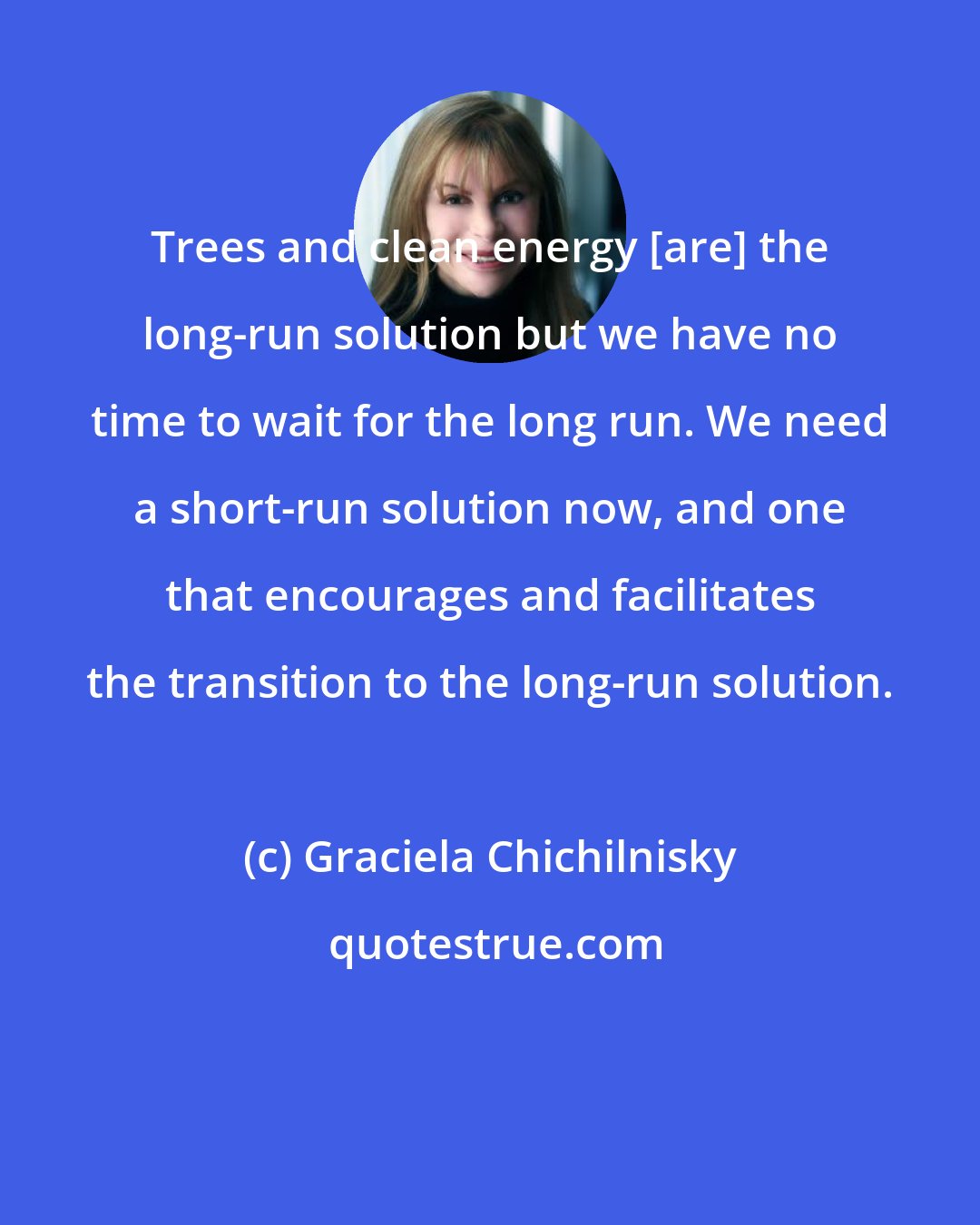 Graciela Chichilnisky: Trees and clean energy [are] the long-run solution but we have no time to wait for the long run. We need a short-run solution now, and one that encourages and facilitates the transition to the long-run solution.