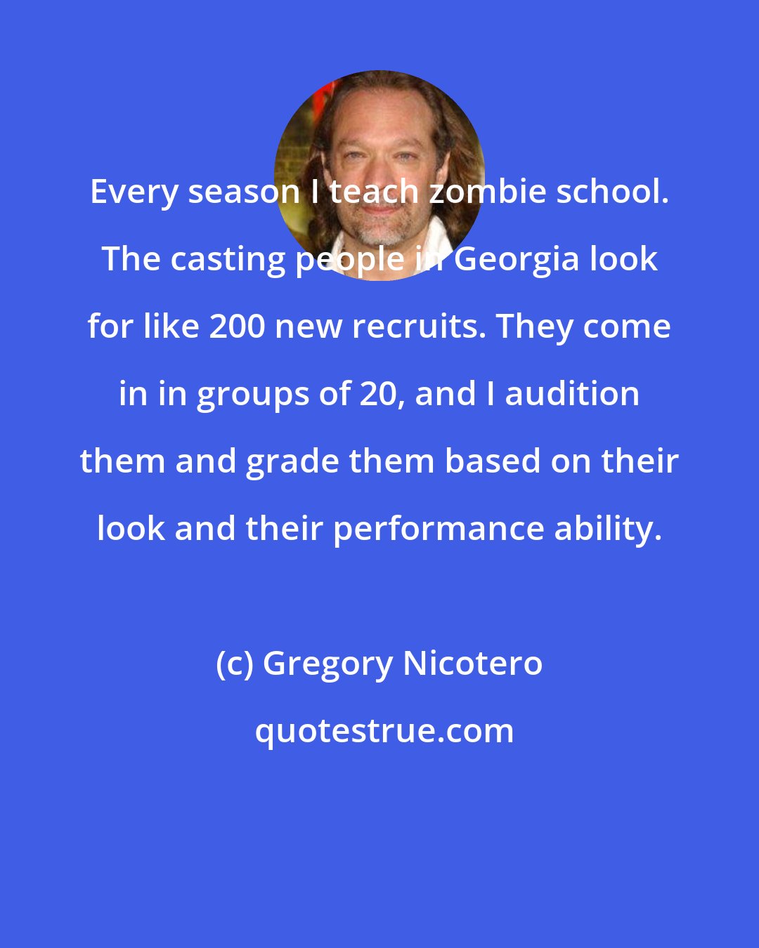 Gregory Nicotero: Every season I teach zombie school. The casting people in Georgia look for like 200 new recruits. They come in in groups of 20, and I audition them and grade them based on their look and their performance ability.