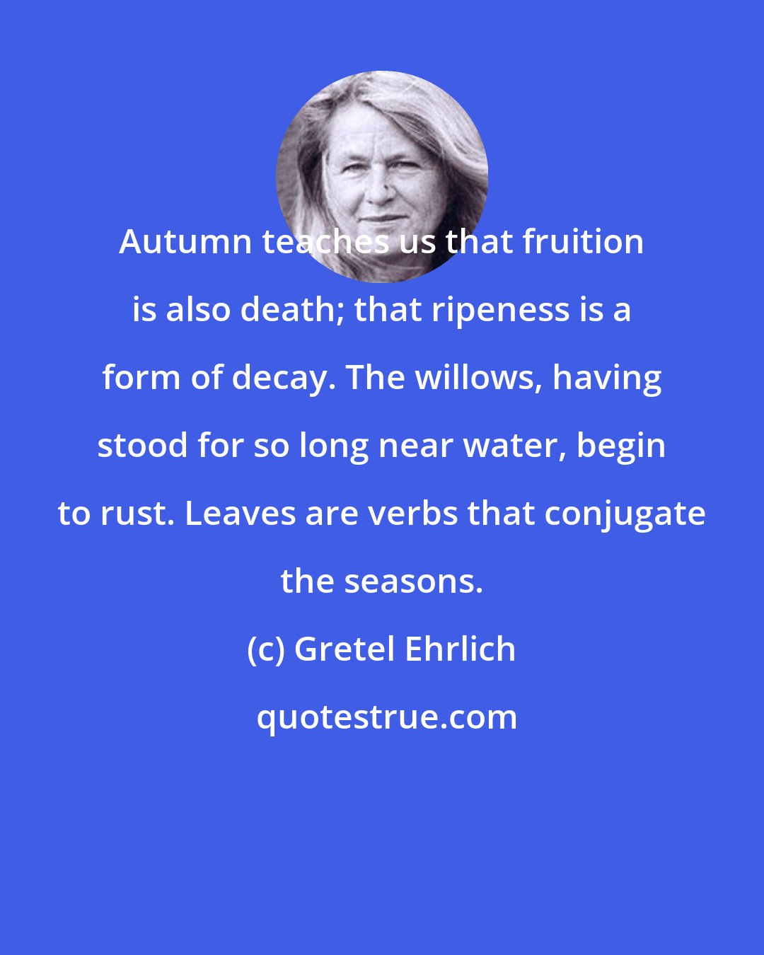 Gretel Ehrlich: Autumn teaches us that fruition is also death; that ripeness is a form of decay. The willows, having stood for so long near water, begin to rust. Leaves are verbs that conjugate the seasons.