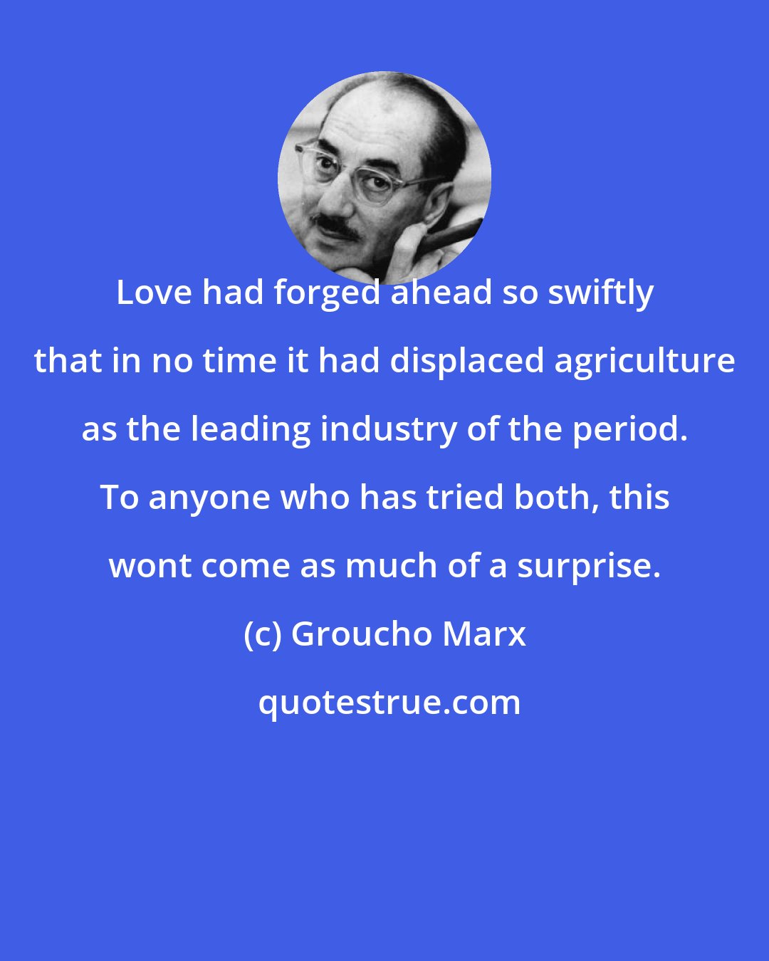 Groucho Marx: Love had forged ahead so swiftly that in no time it had displaced agriculture as the leading industry of the period. To anyone who has tried both, this wont come as much of a surprise.