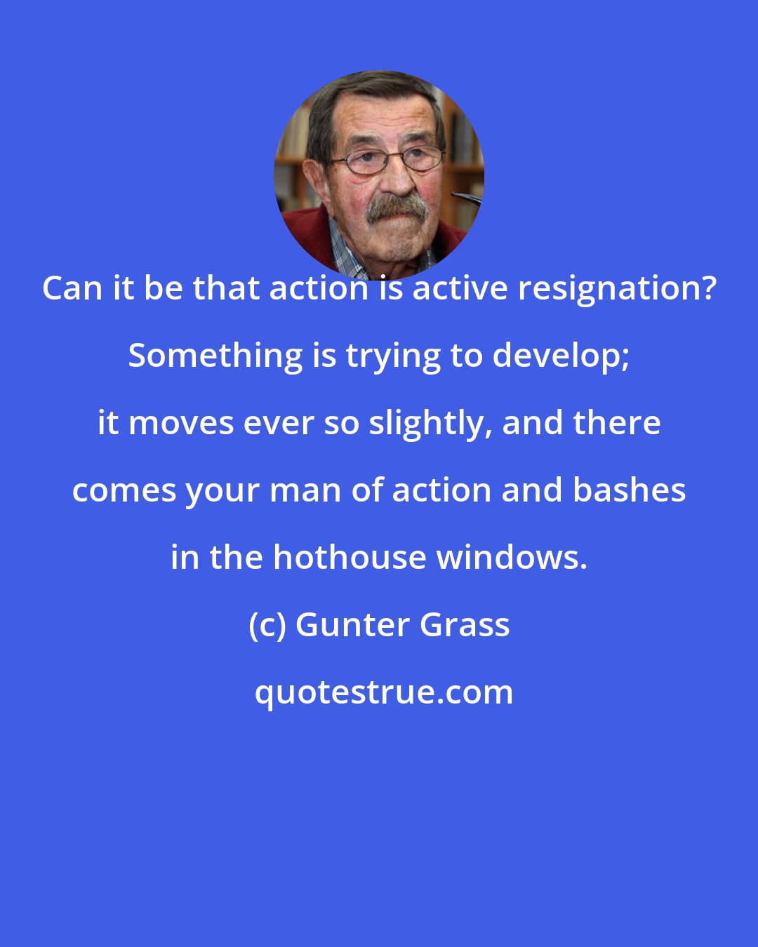 Gunter Grass: Can it be that action is active resignation? Something is trying to develop; it moves ever so slightly, and there comes your man of action and bashes in the hothouse windows.