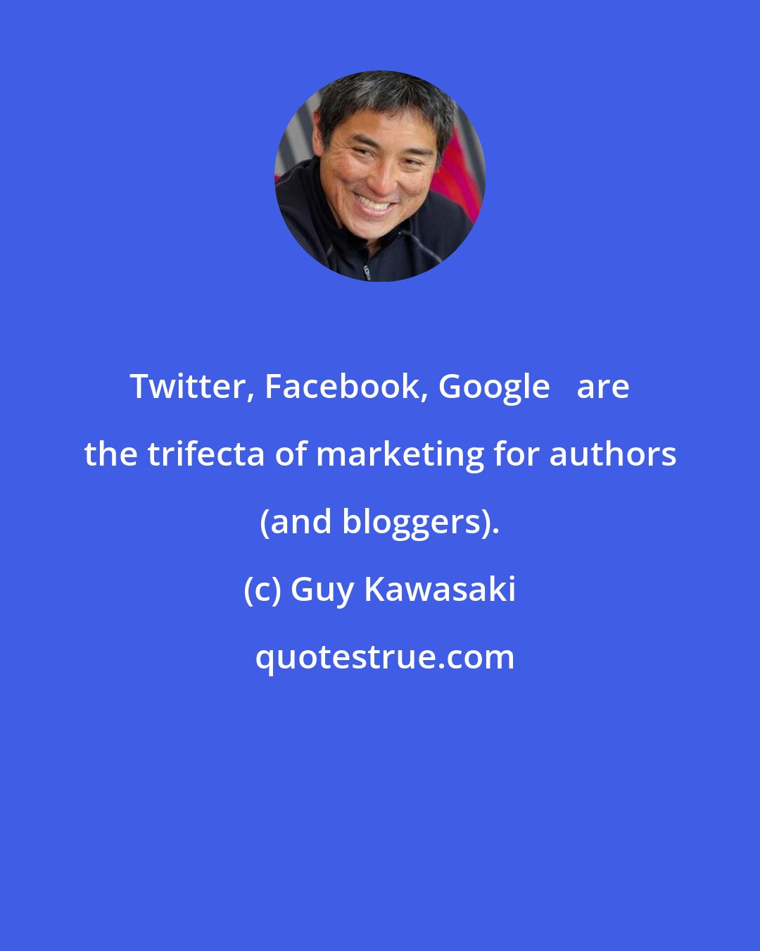 Guy Kawasaki: Twitter, Facebook, Google + are the trifecta of marketing for authors (and bloggers).