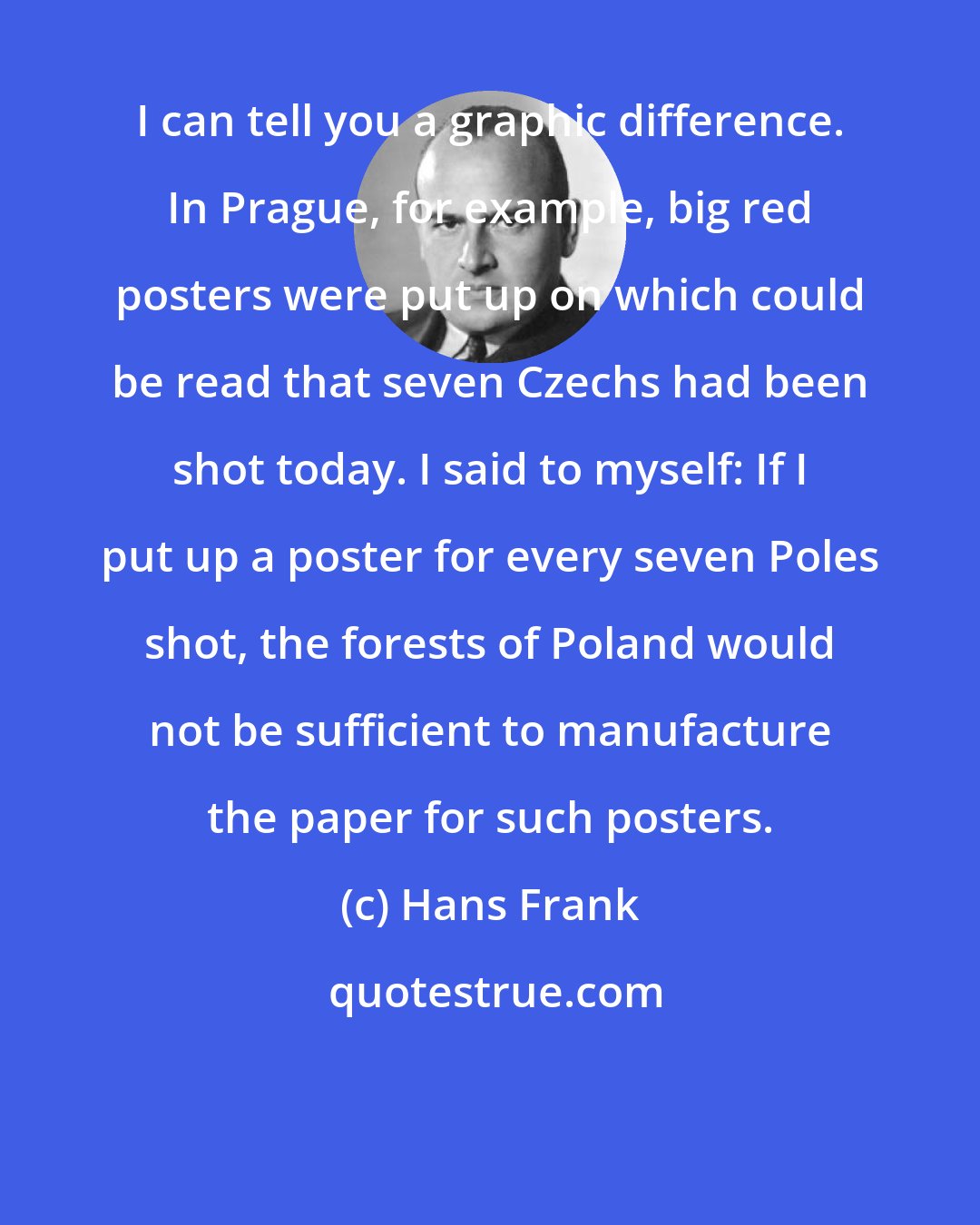 Hans Frank: I can tell you a graphic difference. In Prague, for example, big red posters were put up on which could be read that seven Czechs had been shot today. I said to myself: If I put up a poster for every seven Poles shot, the forests of Poland would not be sufficient to manufacture the paper for such posters.