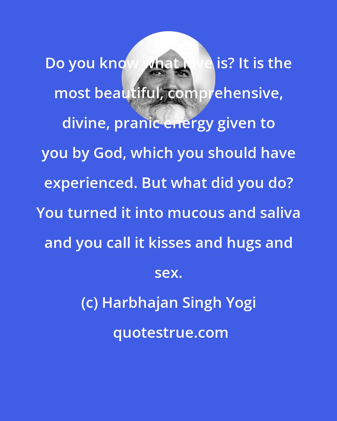 Harbhajan Singh Yogi: Do you know what love is? It is the most beautiful, comprehensive, divine, pranic energy given to you by God, which you should have experienced. But what did you do? You turned it into mucous and saliva and you call it kisses and hugs and sex.