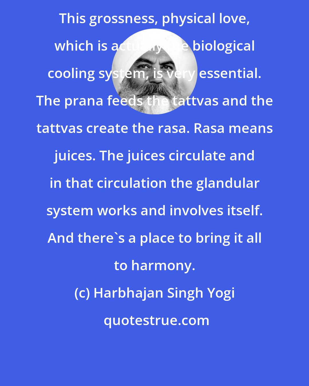 Harbhajan Singh Yogi: This grossness, physical love, which is actually the biological cooling system, is very essential. The prana feeds the tattvas and the tattvas create the rasa. Rasa means juices. The juices circulate and in that circulation the glandular system works and involves itself. And there's a place to bring it all to harmony.