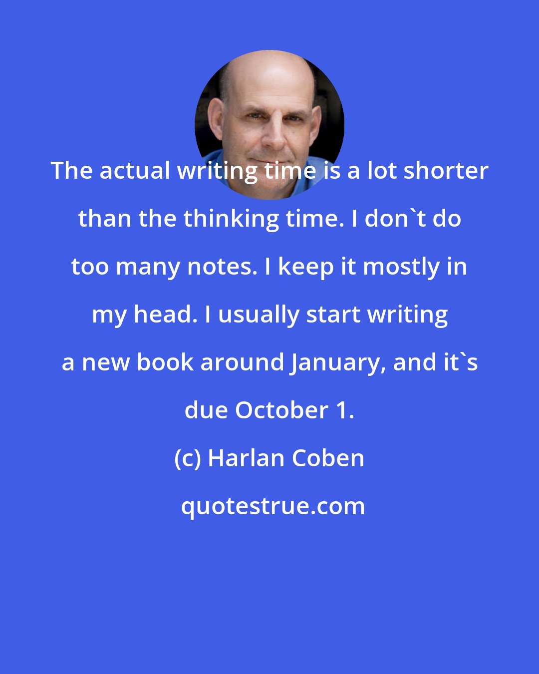 Harlan Coben: The actual writing time is a lot shorter than the thinking time. I don't do too many notes. I keep it mostly in my head. I usually start writing a new book around January, and it's due October 1.