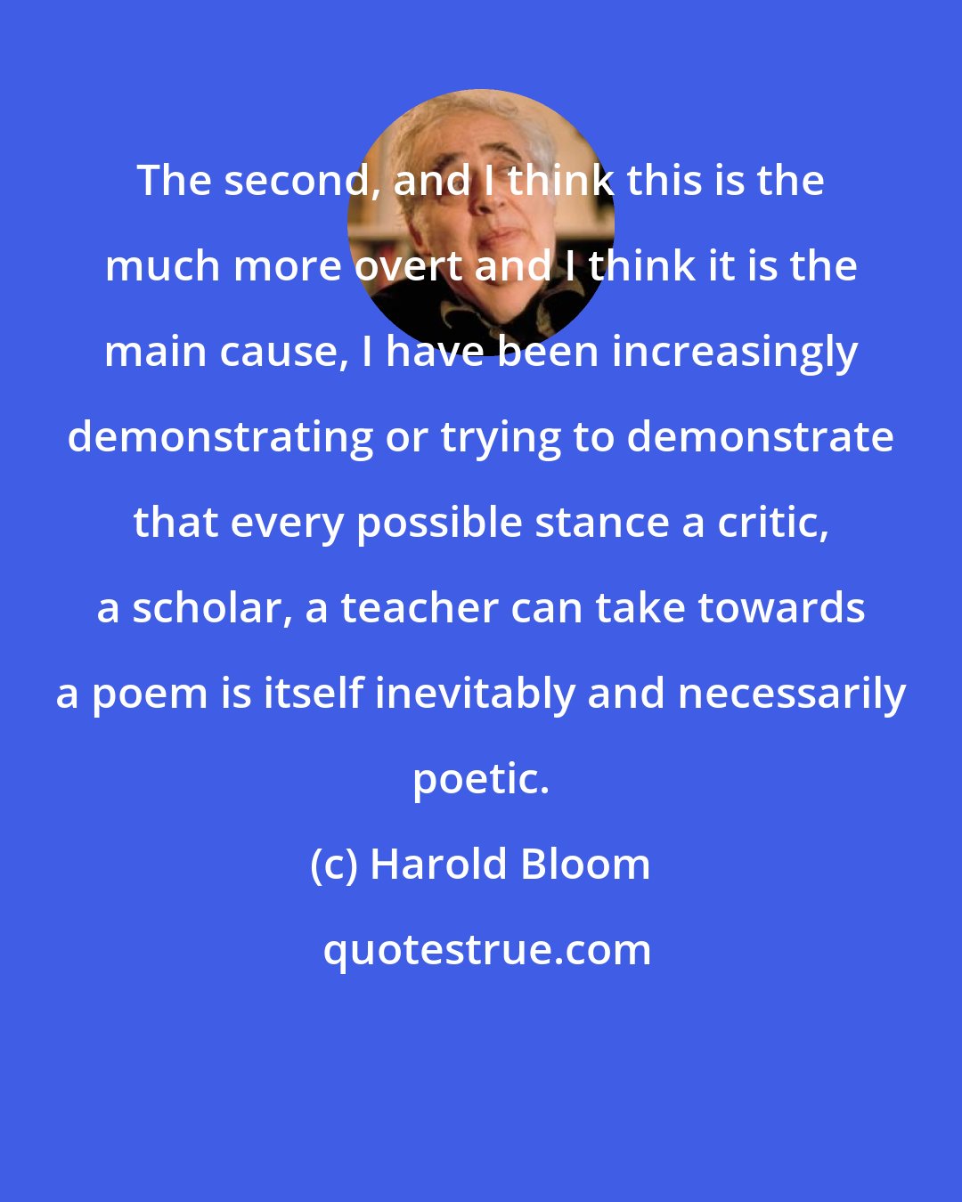 Harold Bloom: The second, and I think this is the much more overt and I think it is the main cause, I have been increasingly demonstrating or trying to demonstrate that every possible stance a critic, a scholar, a teacher can take towards a poem is itself inevitably and necessarily poetic.