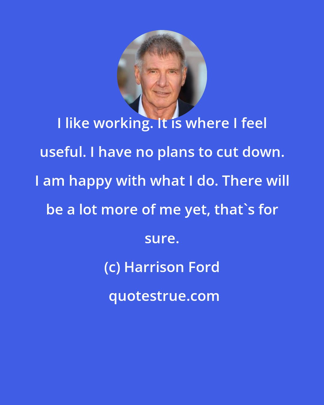 Harrison Ford: I like working. It is where I feel useful. I have no plans to cut down. I am happy with what I do. There will be a lot more of me yet, that's for sure.