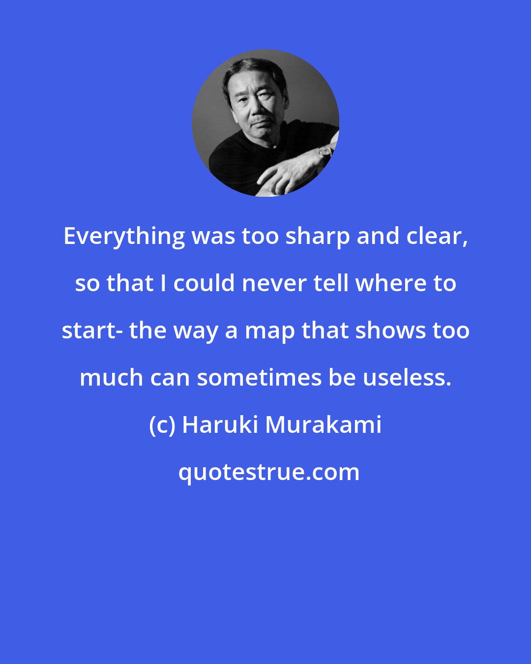 Haruki Murakami: Everything was too sharp and clear, so that I could never tell where to start- the way a map that shows too much can sometimes be useless.