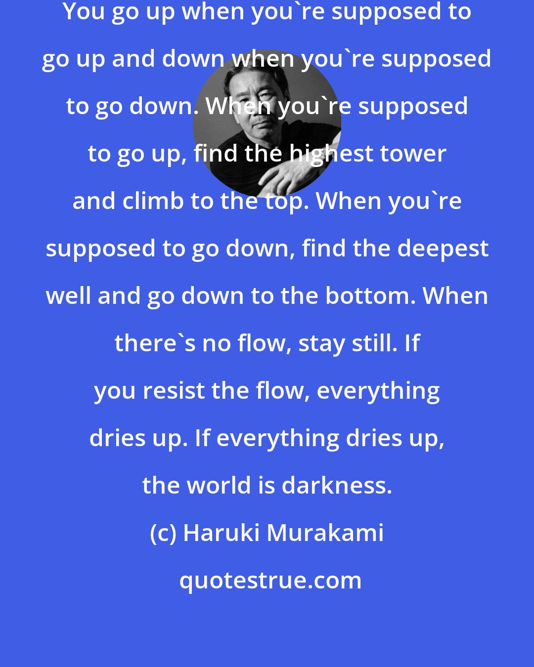 Haruki Murakami: The point is, not to resist the flow. You go up when you're supposed to go up and down when you're supposed to go down. When you're supposed to go up, find the highest tower and climb to the top. When you're supposed to go down, find the deepest well and go down to the bottom. When there's no flow, stay still. If you resist the flow, everything dries up. If everything dries up, the world is darkness.