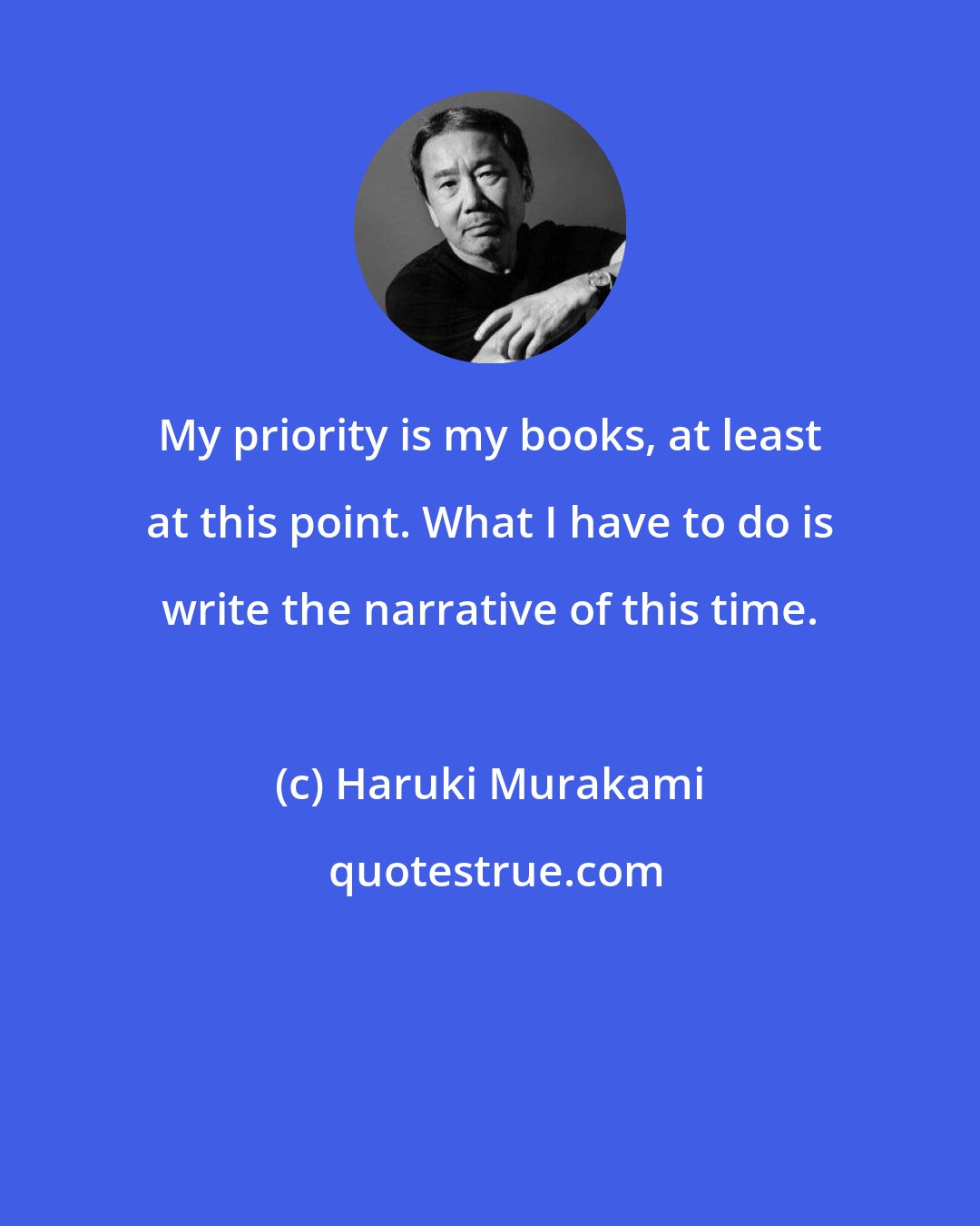 Haruki Murakami: My priority is my books, at least at this point. What I have to do is write the narrative of this time.