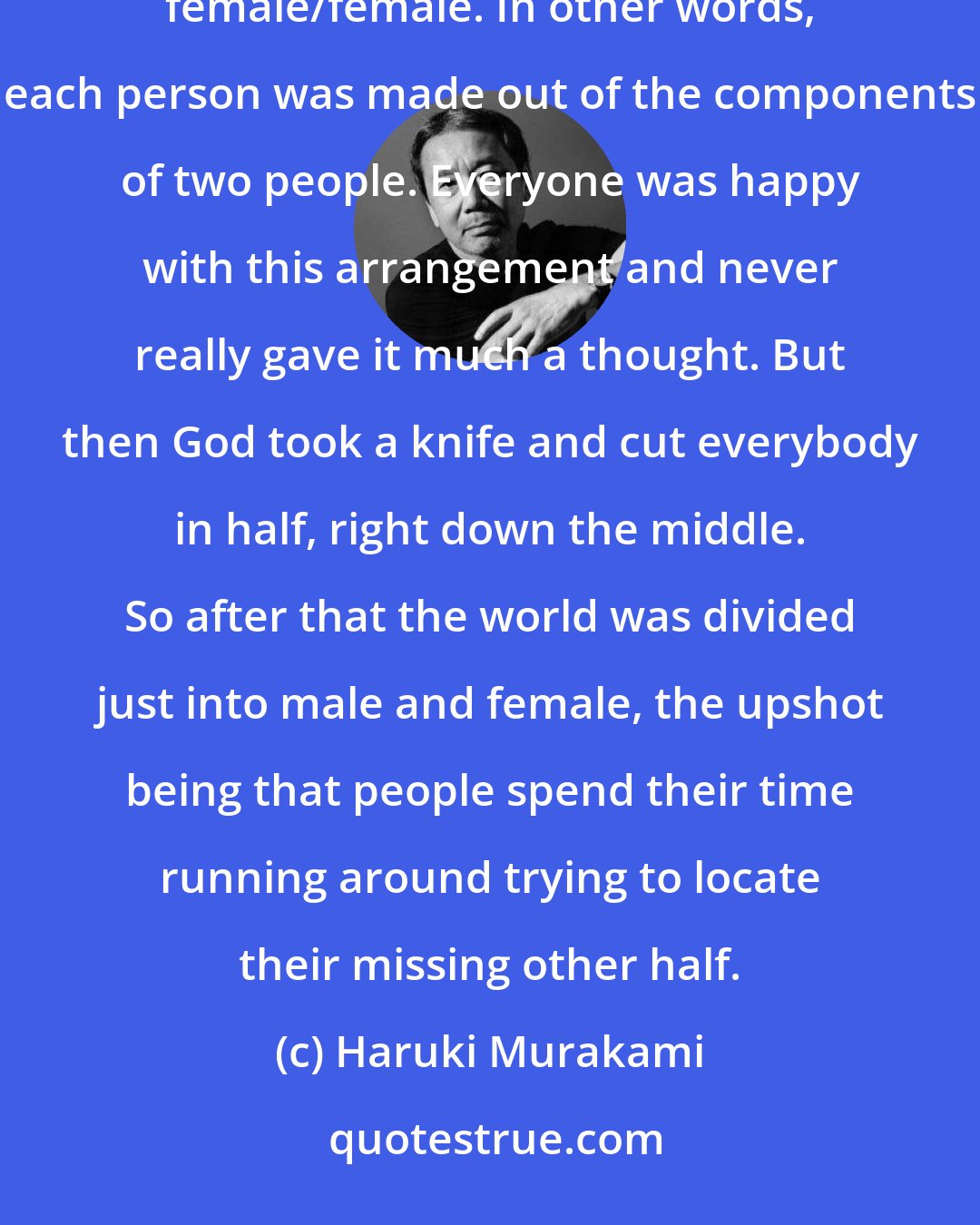 Haruki Murakami: In ancient times, people weren't just male or female, but one of three types: male/male, male/female, female/female. In other words, each person was made out of the components of two people. Everyone was happy with this arrangement and never really gave it much a thought. But then God took a knife and cut everybody in half, right down the middle. So after that the world was divided just into male and female, the upshot being that people spend their time running around trying to locate their missing other half.