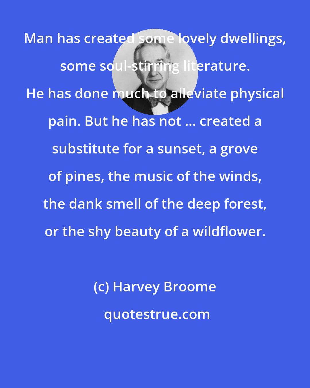 Harvey Broome: Man has created some lovely dwellings, some soul-stirring literature. He has done much to alleviate physical pain. But he has not ... created a substitute for a sunset, a grove of pines, the music of the winds, the dank smell of the deep forest, or the shy beauty of a wildflower.