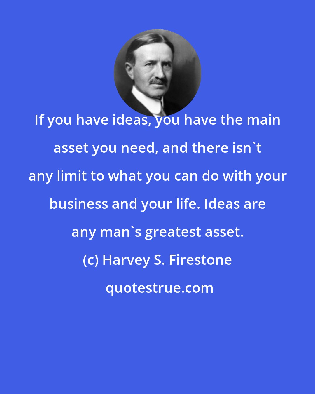 Harvey S. Firestone: If you have ideas, you have the main asset you need, and there isn't any limit to what you can do with your business and your life. Ideas are any man's greatest asset.