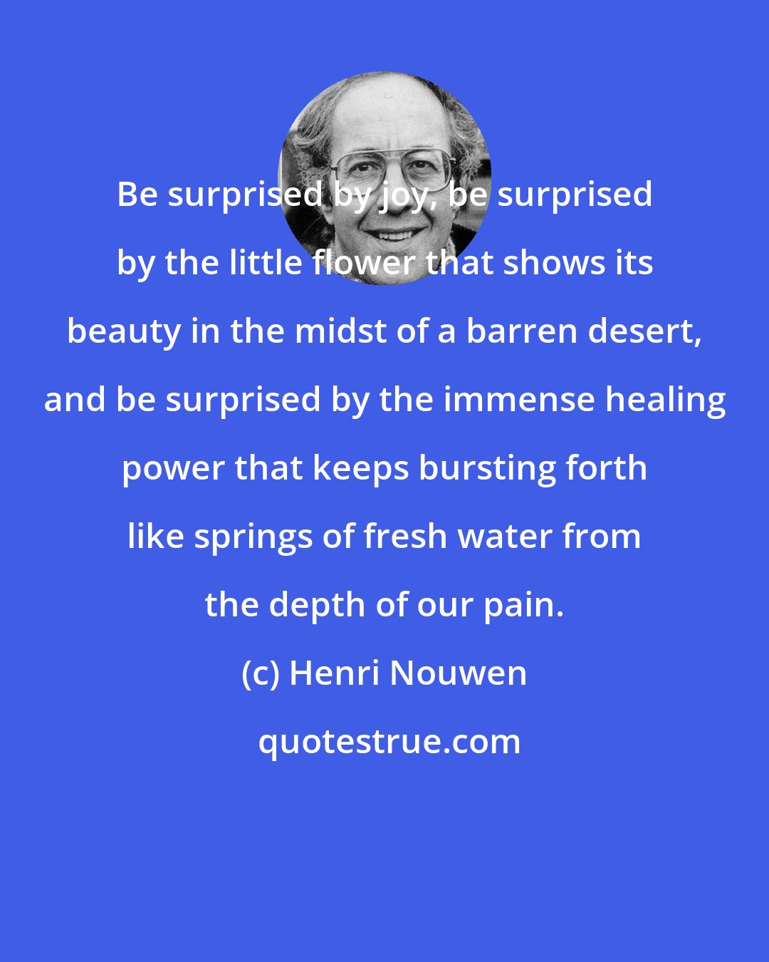 Henri Nouwen: Be surprised by joy, be surprised by the little flower that shows its beauty in the midst of a barren desert, and be surprised by the immense healing power that keeps bursting forth like springs of fresh water from the depth of our pain.