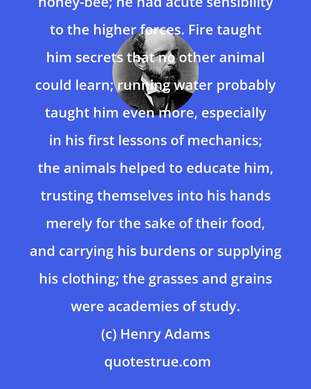 Henry Adams: Man had in the beginning no power of analysis or synthesis approaching that of the spider, or even of the honey-bee; he had acute sensibility to the higher forces. Fire taught him secrets that no other animal could learn; running water probably taught him even more, especially in his first lessons of mechanics; the animals helped to educate him, trusting themselves into his hands merely for the sake of their food, and carrying his burdens or supplying his clothing; the grasses and grains were academies of study.