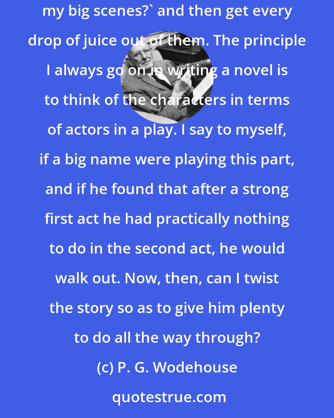 P. G. Wodehouse: I think the success of every novel - if it's a novel of action - depends on the high spots. The thing to do is to say to yourself, 'Which are my big scenes?' and then get every drop of juice out of them. The principle I always go on in writing a novel is to think of the characters in terms of actors in a play. I say to myself, if a big name were playing this part, and if he found that after a strong first act he had practically nothing to do in the second act, he would walk out. Now, then, can I twist the story so as to give him plenty to do all the way through?