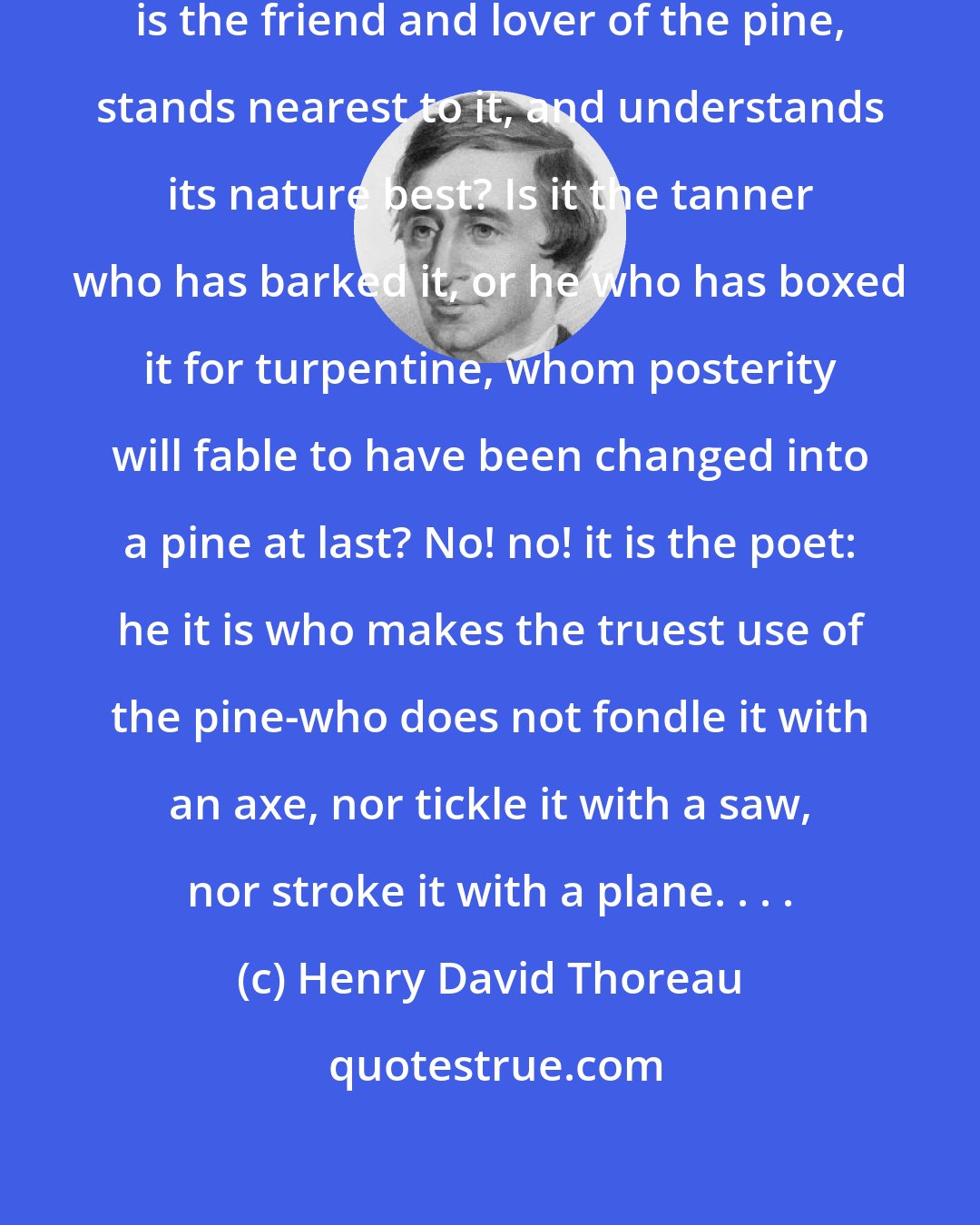 Henry David Thoreau: Is it the lumberman, then, who is the friend and lover of the pine, stands nearest to it, and understands its nature best? Is it the tanner who has barked it, or he who has boxed it for turpentine, whom posterity will fable to have been changed into a pine at last? No! no! it is the poet: he it is who makes the truest use of the pine-who does not fondle it with an axe, nor tickle it with a saw, nor stroke it with a plane. . . .