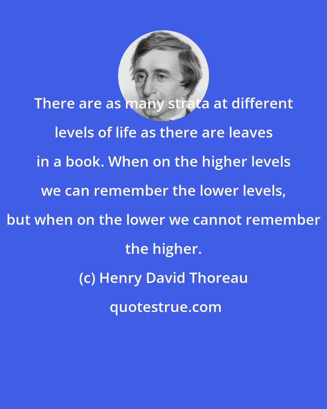 Henry David Thoreau: There are as many strata at different levels of life as there are leaves in a book. When on the higher levels we can remember the lower levels, but when on the lower we cannot remember the higher.