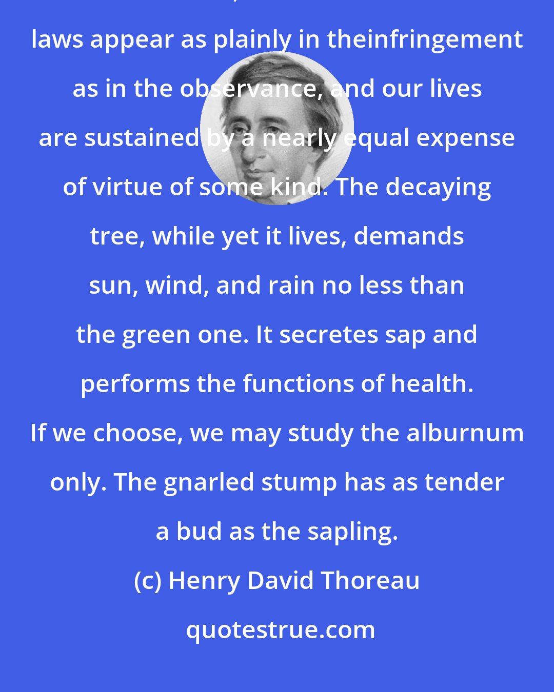 Henry David Thoreau: The life of a good man will hardly improve us more than the life of a freebooter, for the inevitable laws appear as plainly in theinfringement as in the observance, and our lives are sustained by a nearly equal expense of virtue of some kind. The decaying tree, while yet it lives, demands sun, wind, and rain no less than the green one. It secretes sap and performs the functions of health. If we choose, we may study the alburnum only. The gnarled stump has as tender a bud as the sapling.