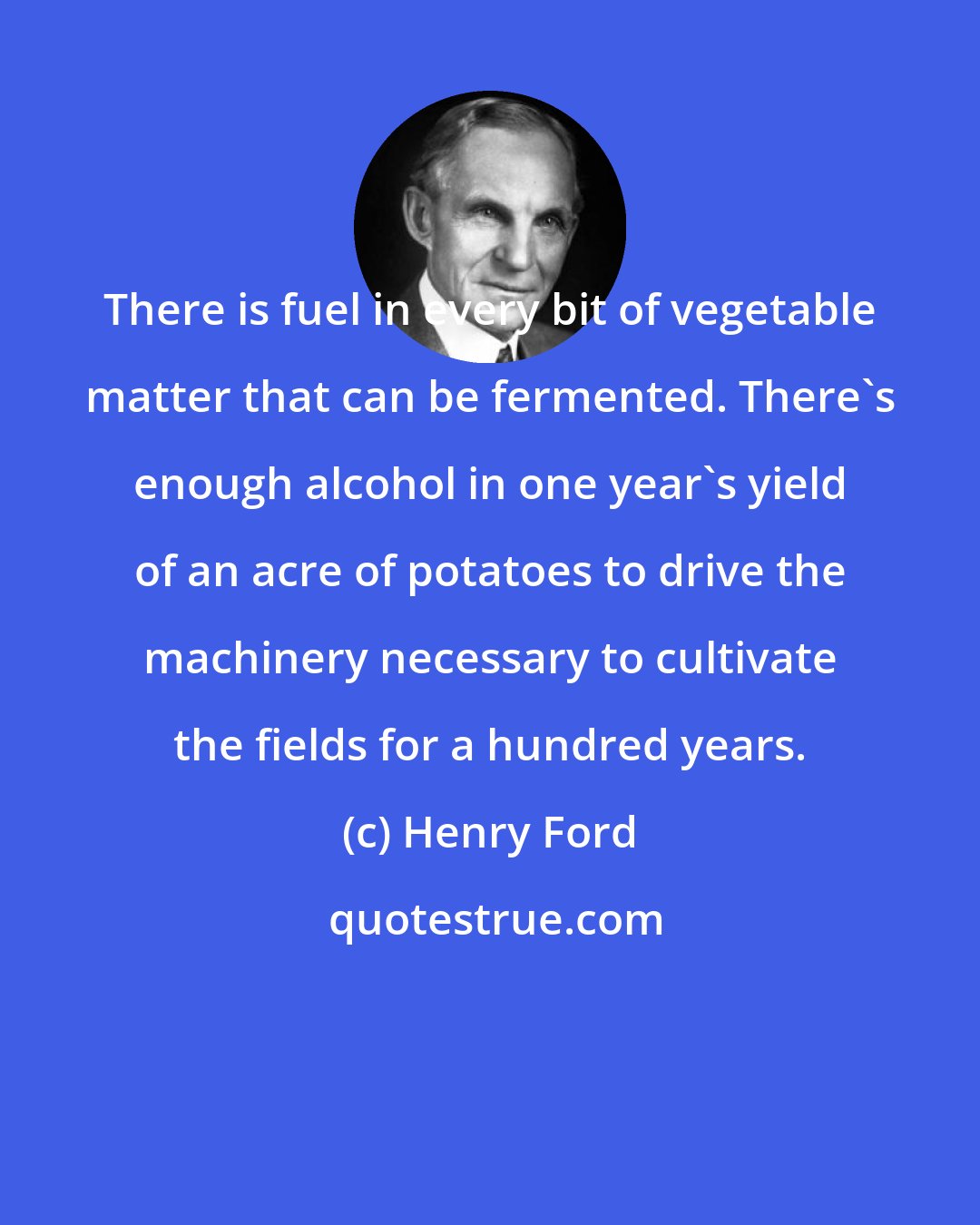 Henry Ford: There is fuel in every bit of vegetable matter that can be fermented. There's enough alcohol in one year's yield of an acre of potatoes to drive the machinery necessary to cultivate the fields for a hundred years.