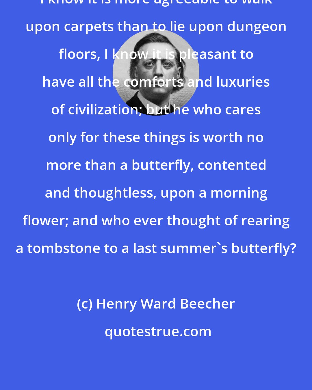 Henry Ward Beecher: I know it is more agreeable to walk upon carpets than to lie upon dungeon floors, I know it is pleasant to have all the comforts and luxuries of civilization; but he who cares only for these things is worth no more than a butterfly, contented and thoughtless, upon a morning flower; and who ever thought of rearing a tombstone to a last summer's butterfly?