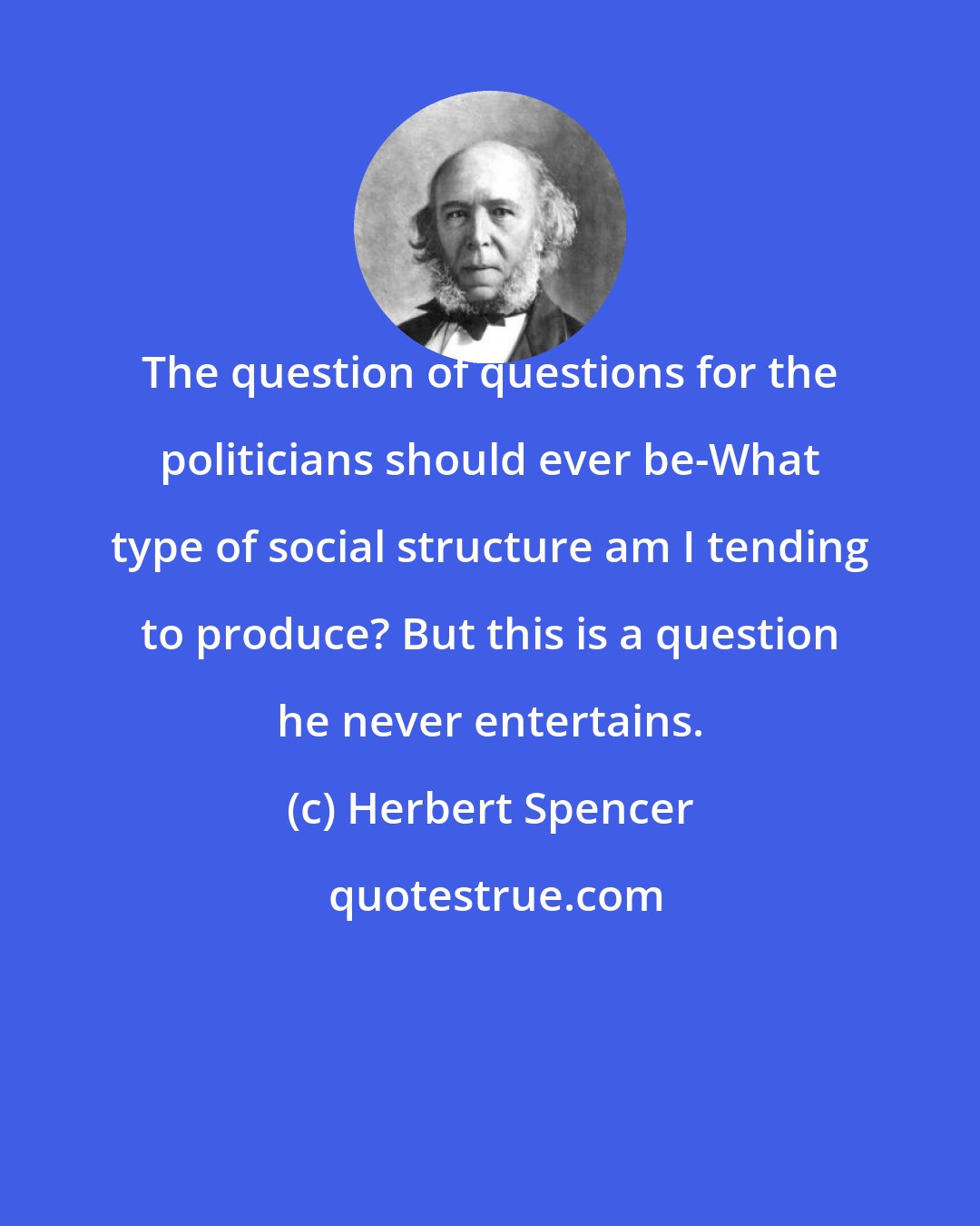 Herbert Spencer: The question of questions for the politicians should ever be-What type of social structure am I tending to produce? But this is a question he never entertains.